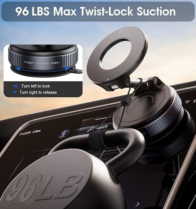 Vacuum Suction Magnetic Bracket – 96 lbs Strong Lock | 360° Adjustable Car & Home Mount
