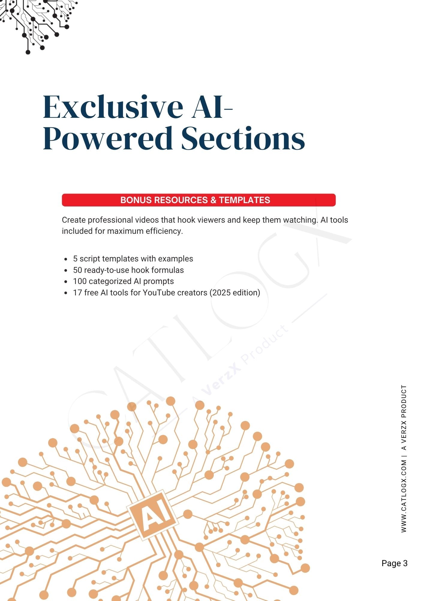 Brochure or document cover with text about AI-powered sections and bonus resources on a white background.