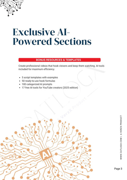Brochure or document cover with text about AI-powered sections and bonus resources on a white background.