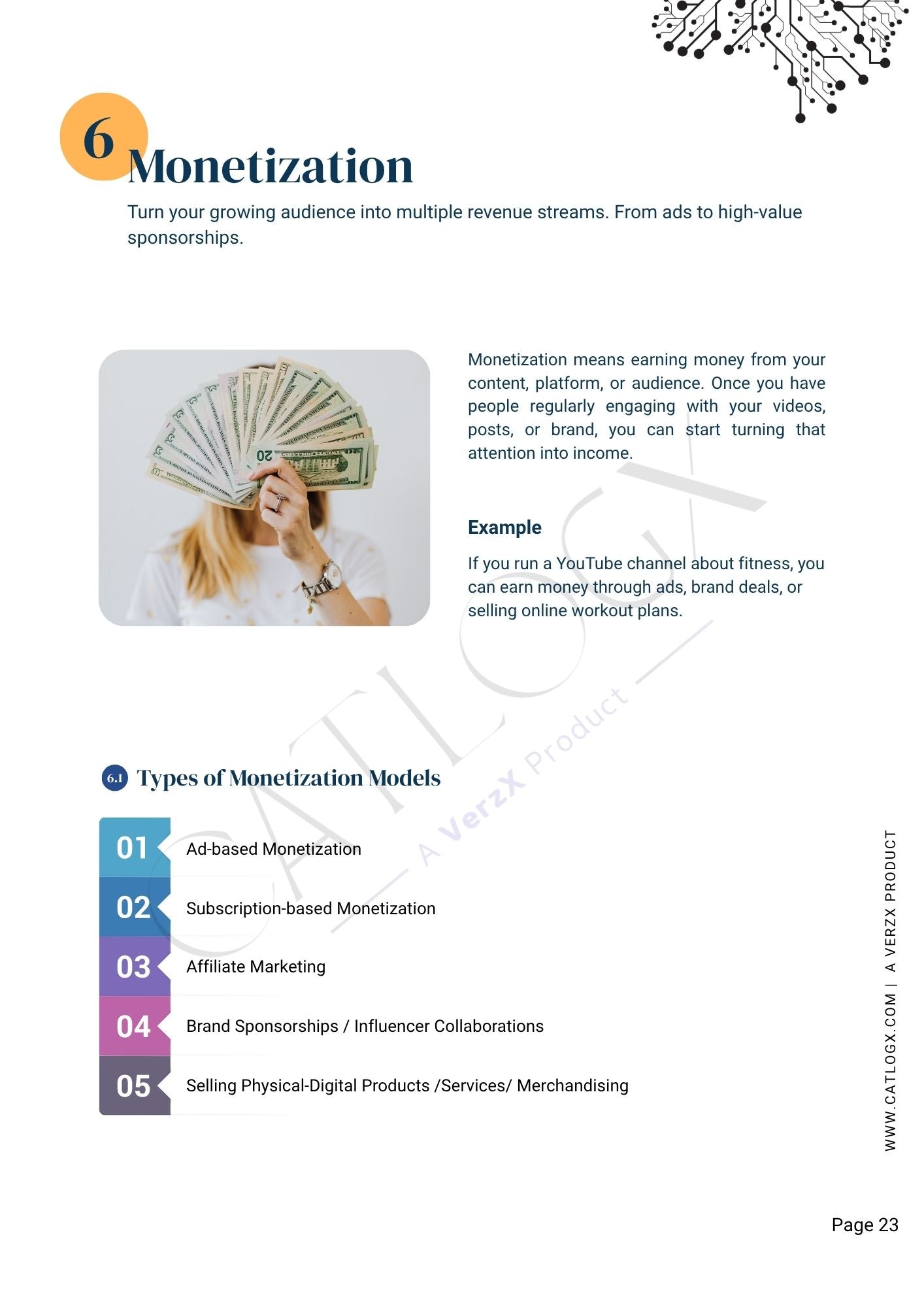 Page from a book or document on monetization strategies with text and an image of a woman holding money.